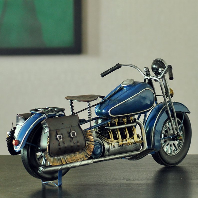 Handmade Antique WWII Blue Motorcycle Model