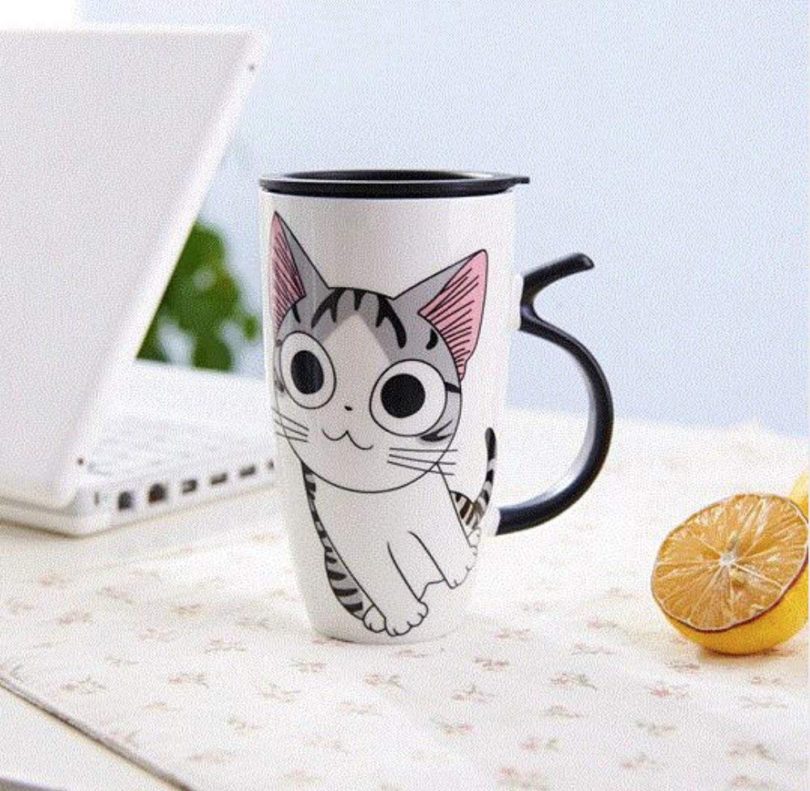 Cute Cat Style Ceramic Mugs with Lid & Spoon