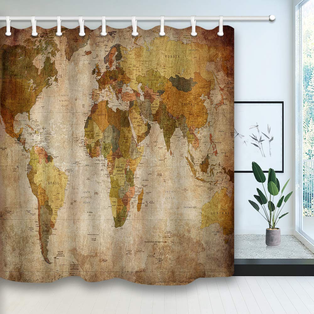 NYMB Vintage World Map Shower Curtain in Retro Color