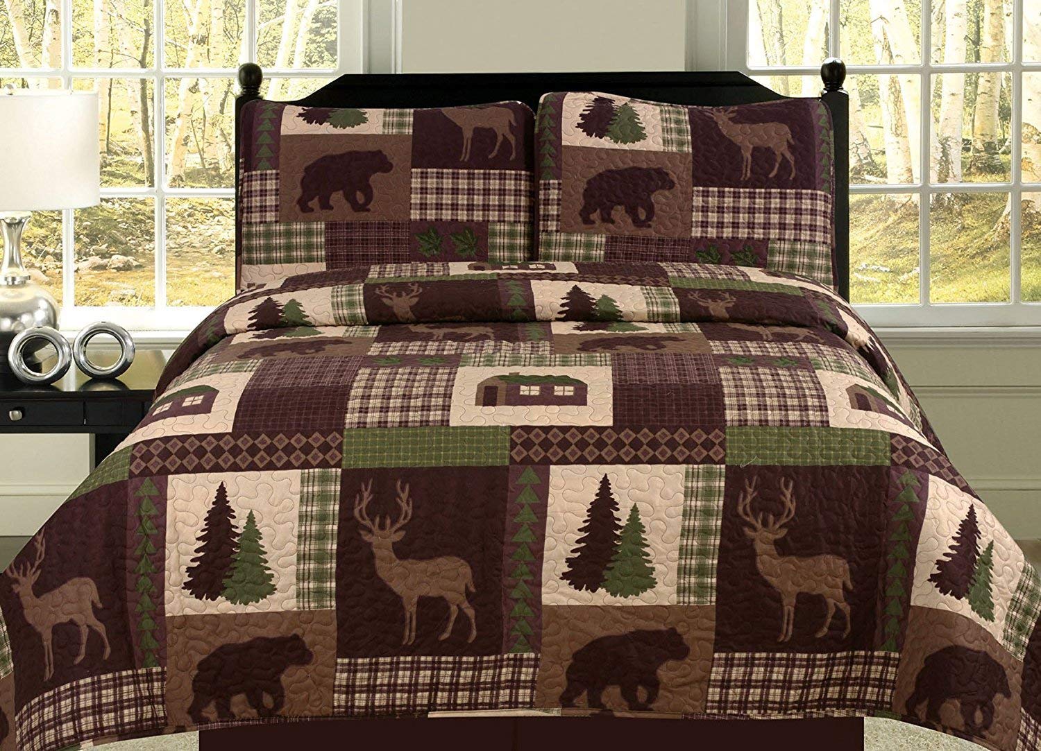 King Quilt 2 Piece Set Rustic Cabin Lodge Deer and Bear Coverlet Bedspread