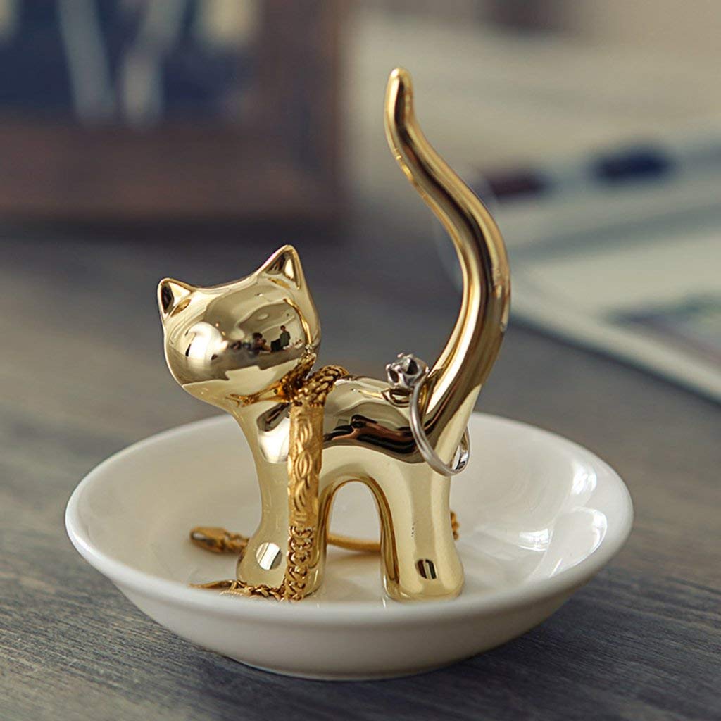 Haked Small Jewelry Towers Rack Rings Holder Bracelets Earrings Trinket Trays Dish (Gold Cat)