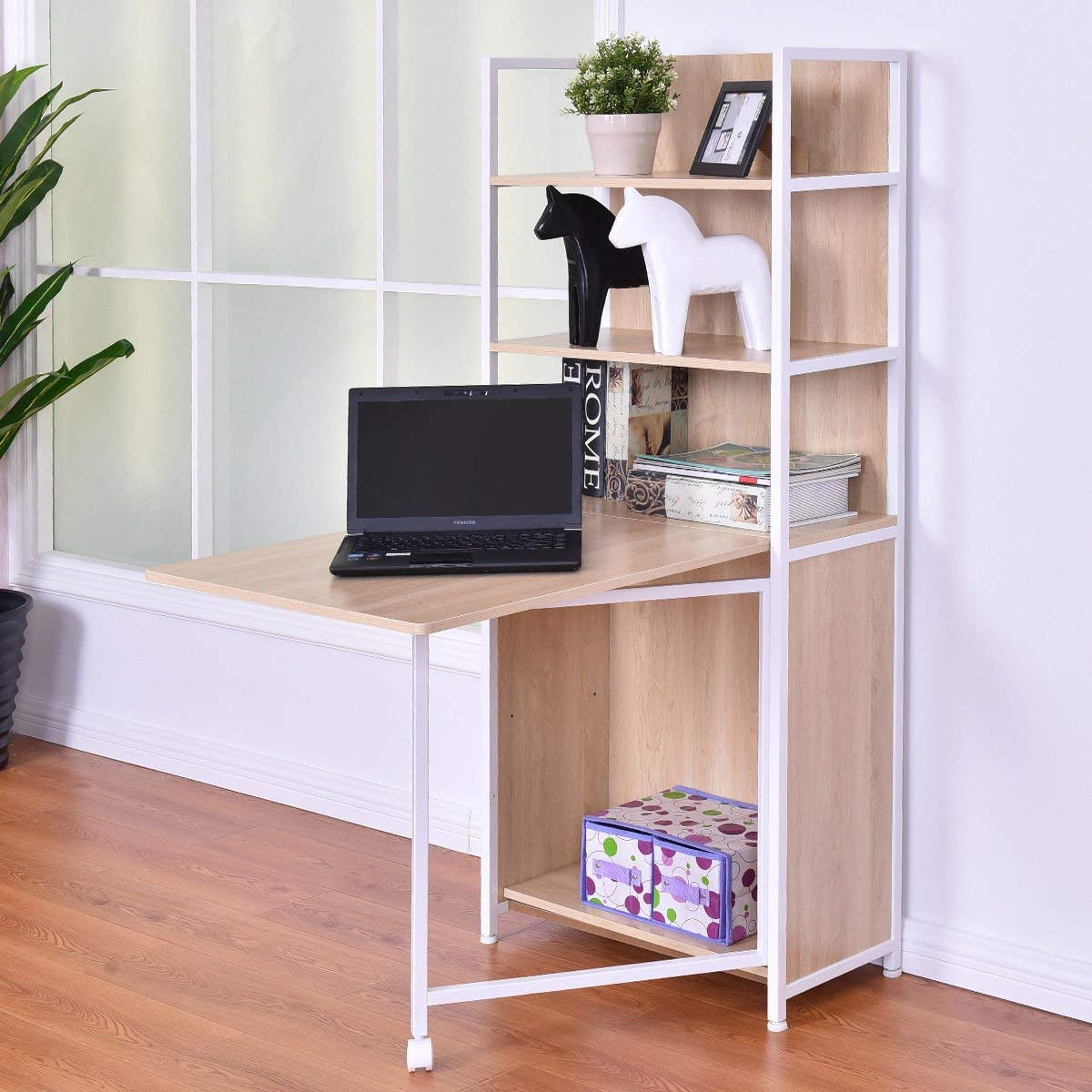 Tangkula Convertible Desk Wood Folding Cabinet Laptop Computer Desk with Shelf