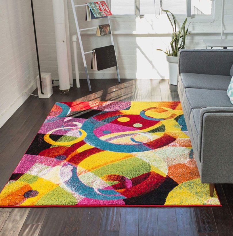 Bubble Bright Multi Circles Yellow Blue Red Abstract Geometric Lines Area Rug