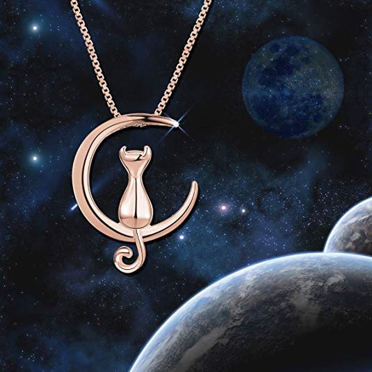 Sweetiee Cat Moon Necklace Sterling Silver Cat and Moon Collar Necklace Lovely Kitten Pendant