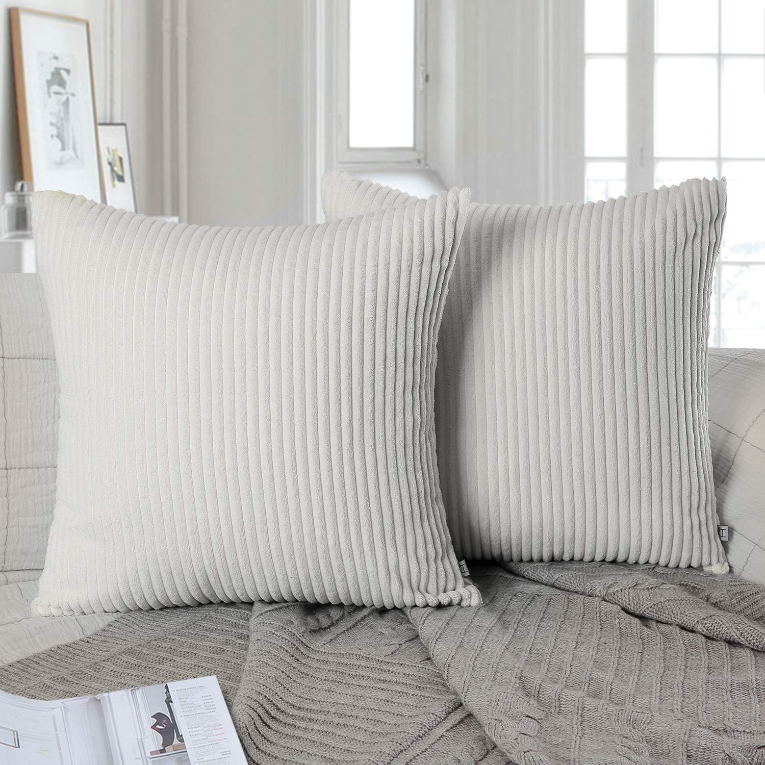 Ashler Set of 2 Soft Plush Velvet Off-White Striped Corduroy Throw Pillow Cushion Cover