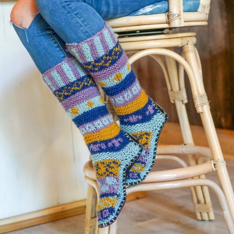Hand Knit Wool Long Fleece Lined Slipper Socks﻿