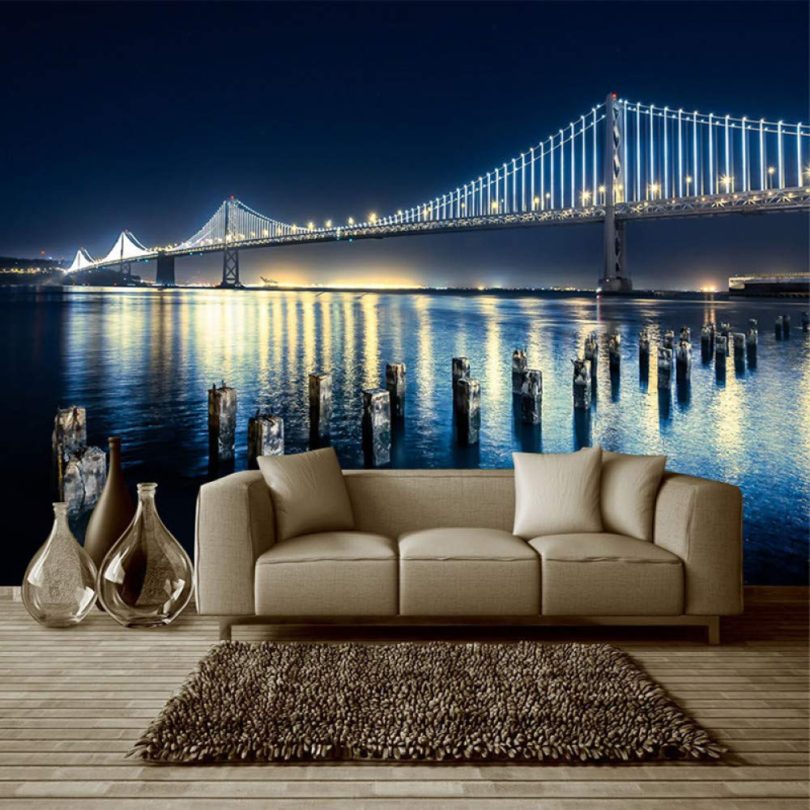 GMYANBZ 3D Wallpaper for Wall Custom Modern Bridge Riverside Night Scene