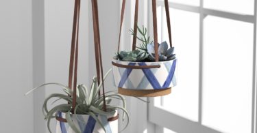 Rivet Modern Ceramic Planter with Leather Strap, 3.5″H, Blue and Ivory