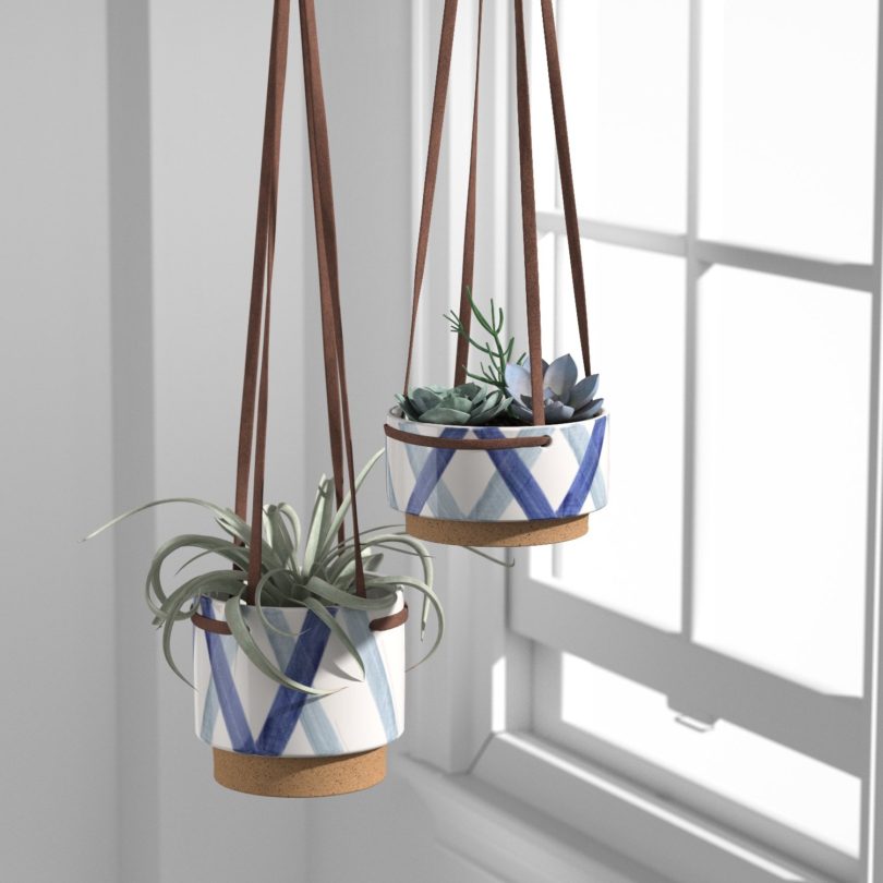 Rivet Modern Ceramic Planter with Leather Strap, 3.5″H, Blue and Ivory
