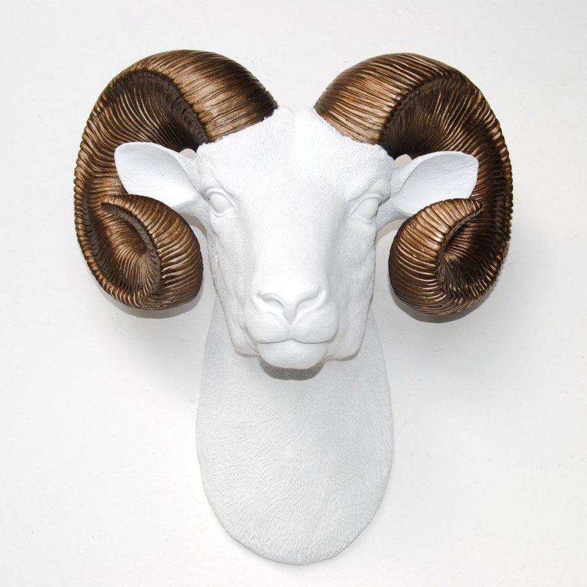 Faux Taxidermy White/Bronze Ram Head Wall Mount