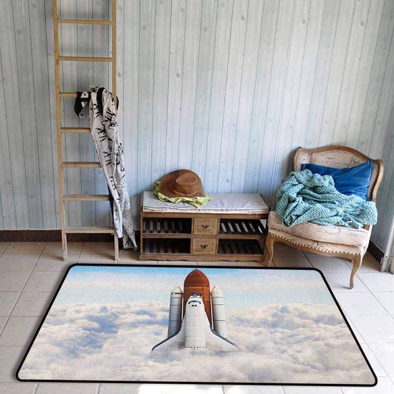 Custom Rug, Outer Space Rocket Taking Off on Mission Spaceman Planet