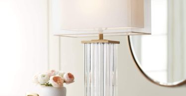 Darcia Modern Table Lamp Crystal and Metal Rectangular Column White Linen Double Shade for Living Room Family Office
