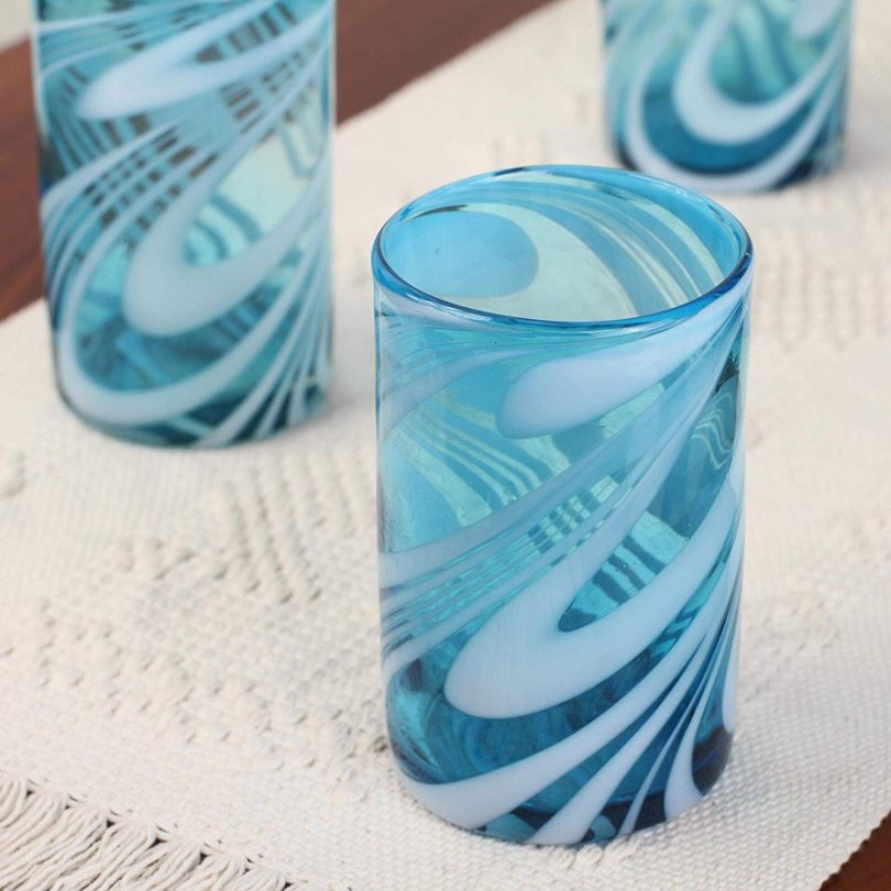 NOVICA Blue and White Swirl Hand Blown Glass Water Glasses
