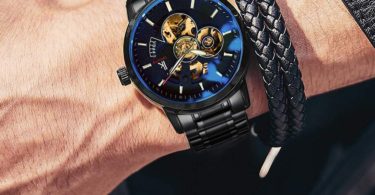 BesTn Wristwatches for Men self-Winding Allochroic Luminous Hands Skeleton Mechanical Black Watch