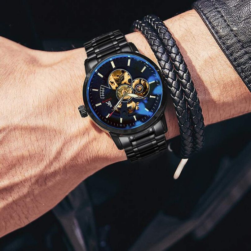 BesTn Wristwatches for Men self-Winding Allochroic Luminous Hands Skeleton Mechanical Black Watch