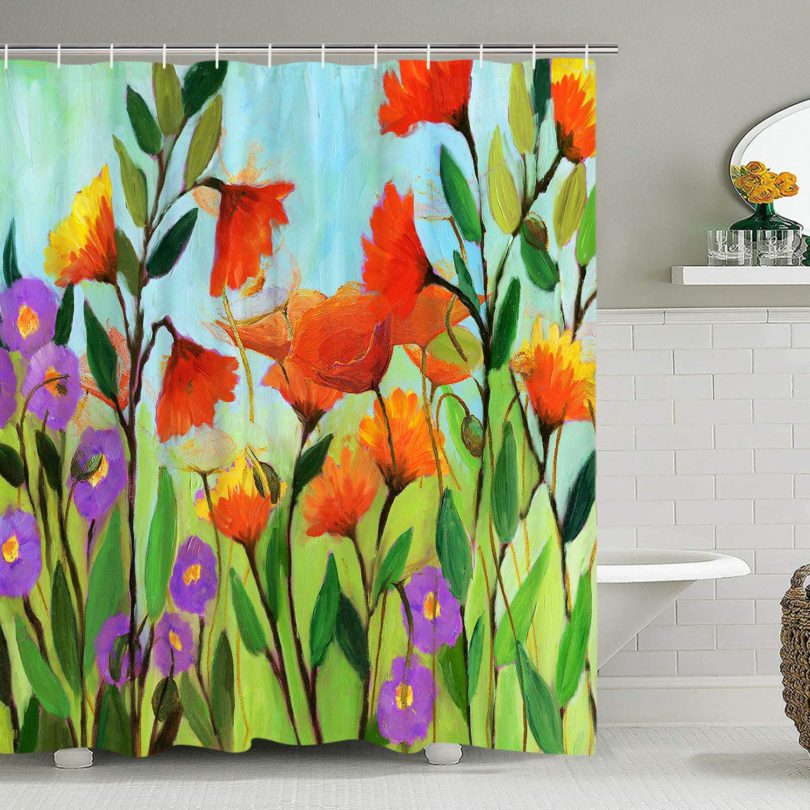 Vintage Shower Curtain Water Color Print Bathroom Curtain Abstract Flowers and Leaves