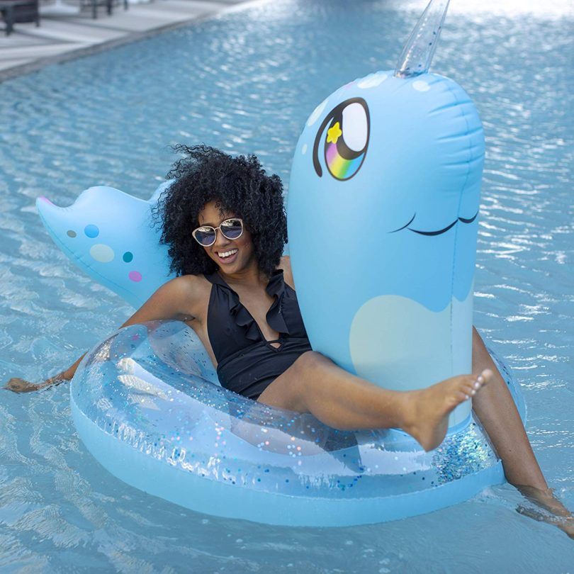 PoolCandy Jumbo Blue Glitter Narwhal Inflatable Pool Float