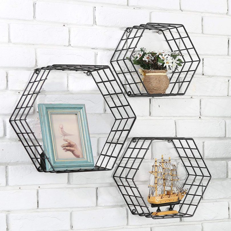 MyGift Metal Wire Hexagon Design Wall-Mounted Shelves