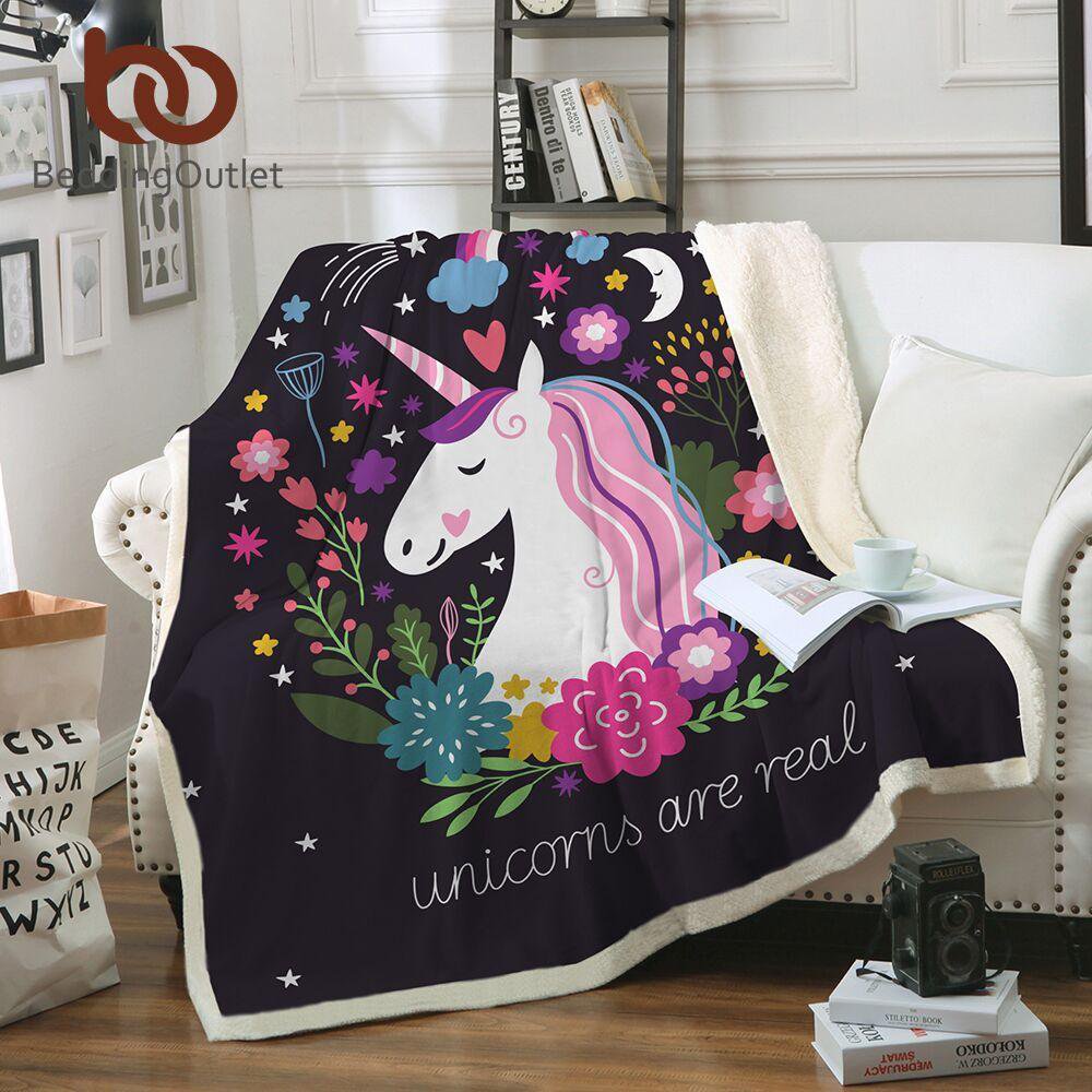 Sleepwish Unicorn Sherpa Fleece Blanket Purple Aqua Pony Throw Blanket