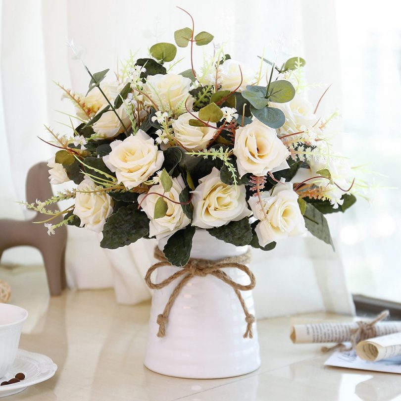 YILIYAJIA Artificial Rose Bouquets with Ceramics Vase