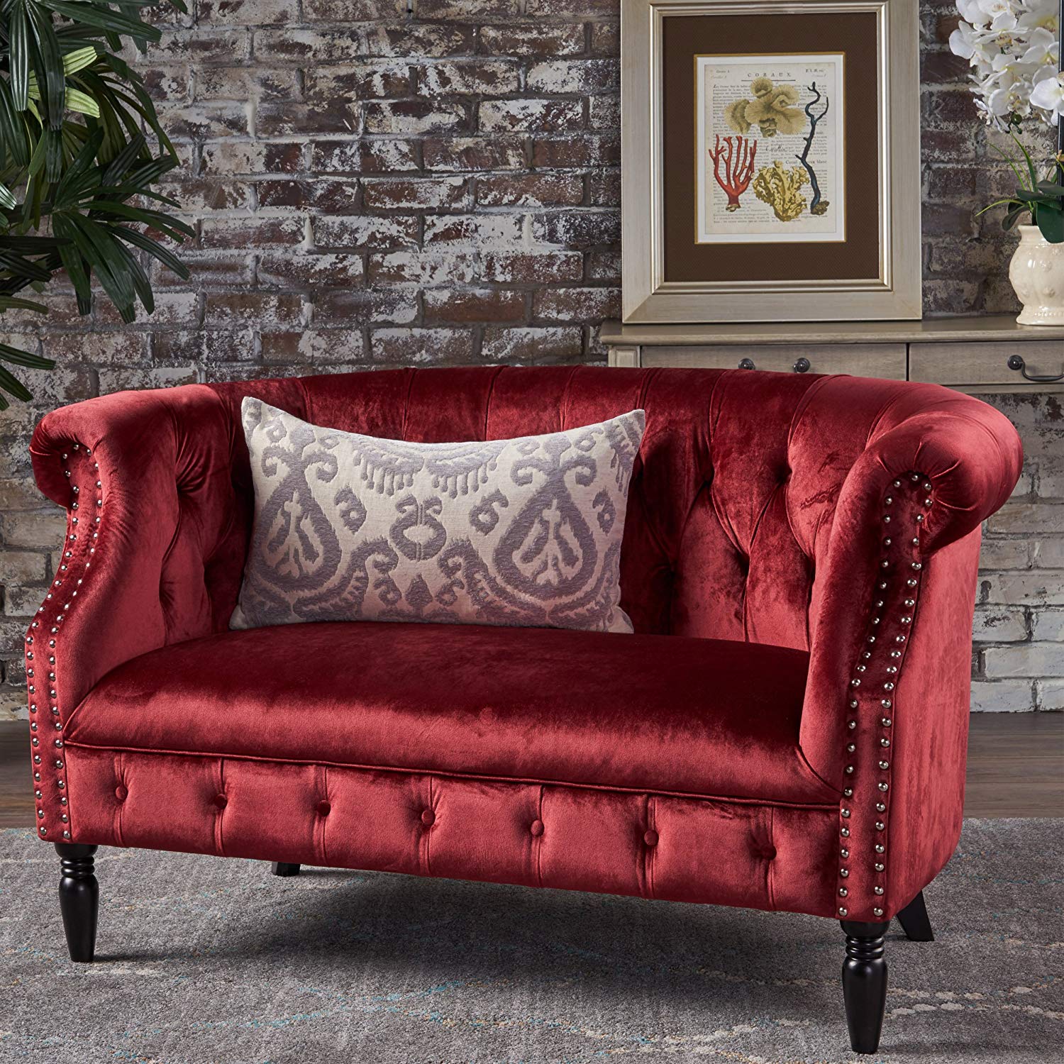 Tufted Rolled Arm Velvet Chesterfield Loveseat Couch