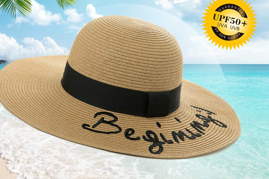 Jeff & Aimy Floppy Straw Beach Sun Hat for Women Embroidered Wide Brim Summer Hat Packable