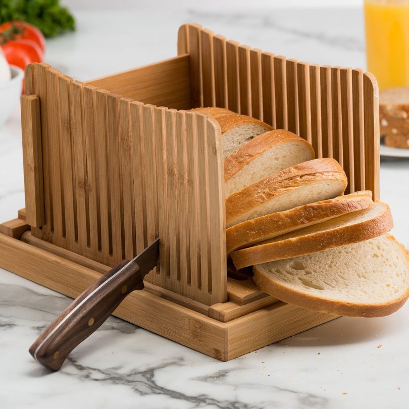 Organic Bamboo Foldable Bread Slicer with Crumb Cather Tray