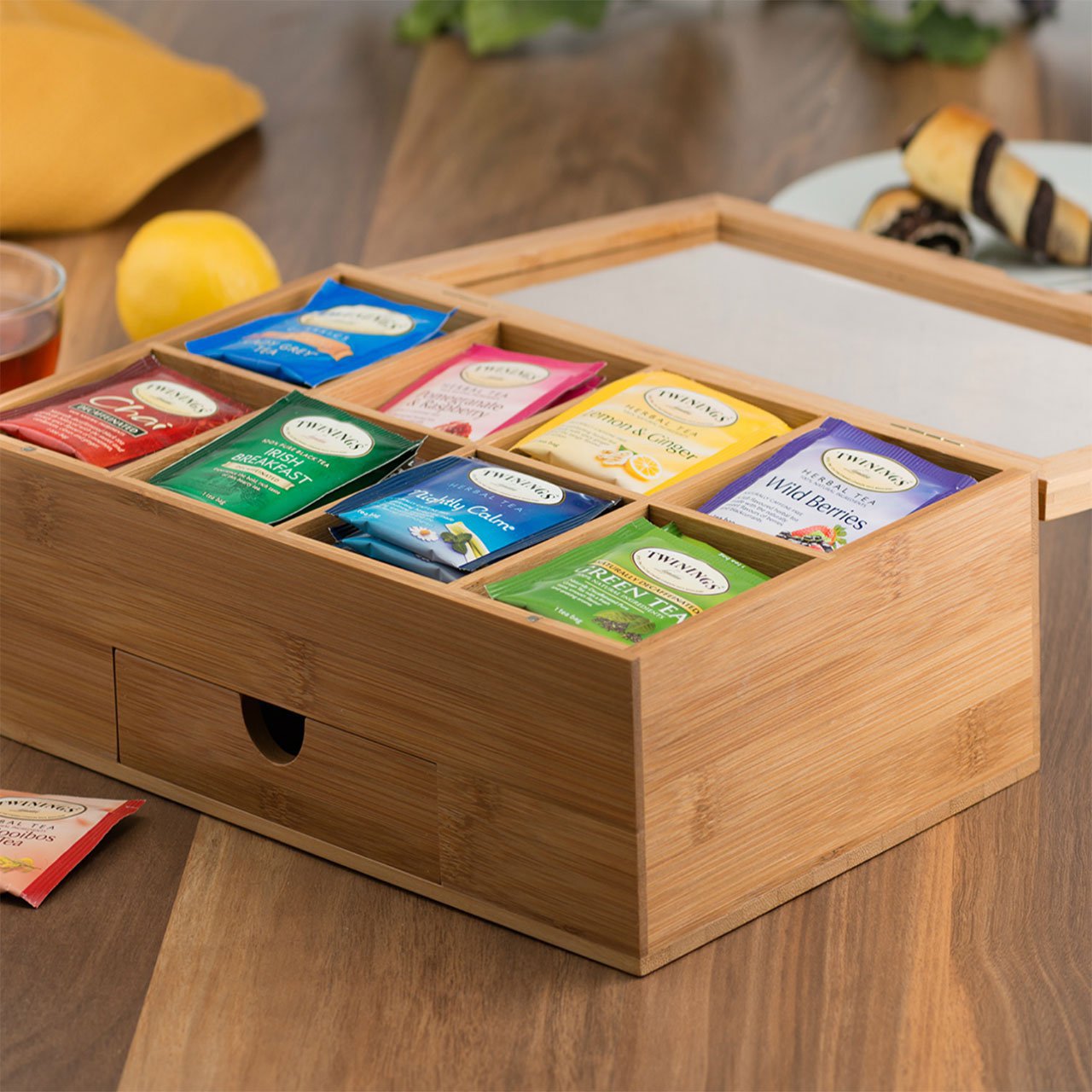 Natural Bamboo Tea Box with Magnetic Lid and Drawer