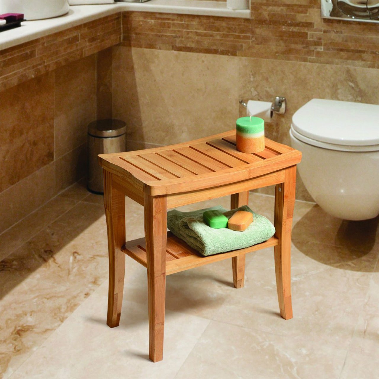 Water-friendly Bamboo Shower Bench with Storage Shelf