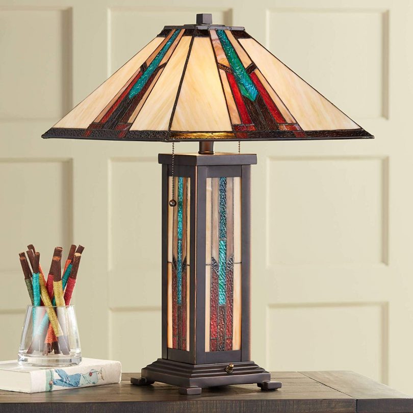 Ranier Mission Table Lamp with Nightlight Bronze Stained Glass
