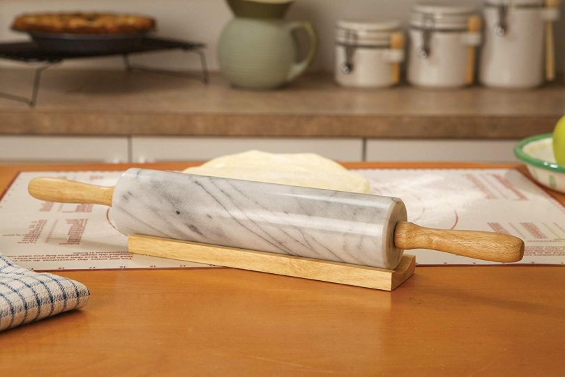 Fox Run Polished Marble Rolling Pin with Wooden Cradle