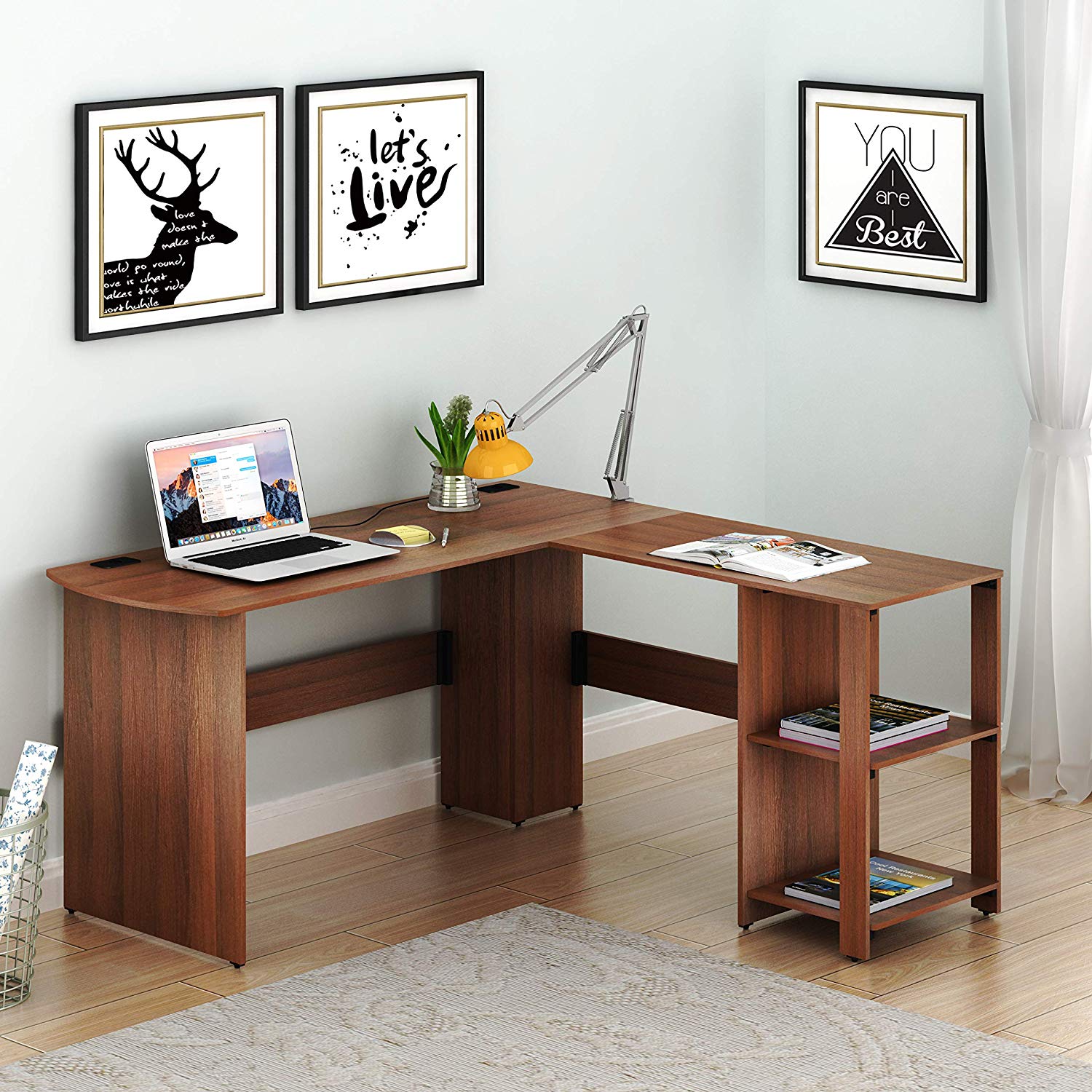 SHW L-Shaped Home Office Corner Desk Wood Top