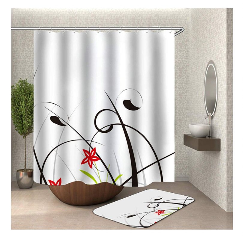 Gnzoe Polyester Hotel Quality 2 Pcs Shower Curtain and 16”x24” Rug Set Colorful Grass Flower 66×72 in