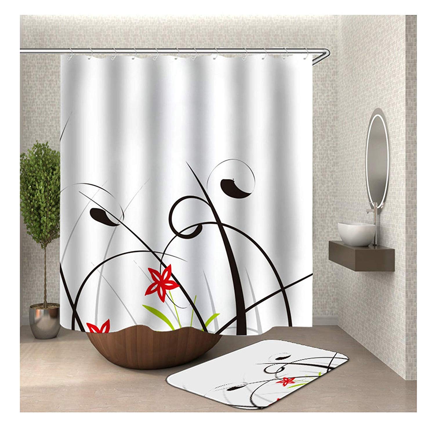 Gnzoe Polyester Hotel Quality 2 Pcs Shower Curtain and 16”x24” Rug Set Colorful Grass Flower 66×72 in