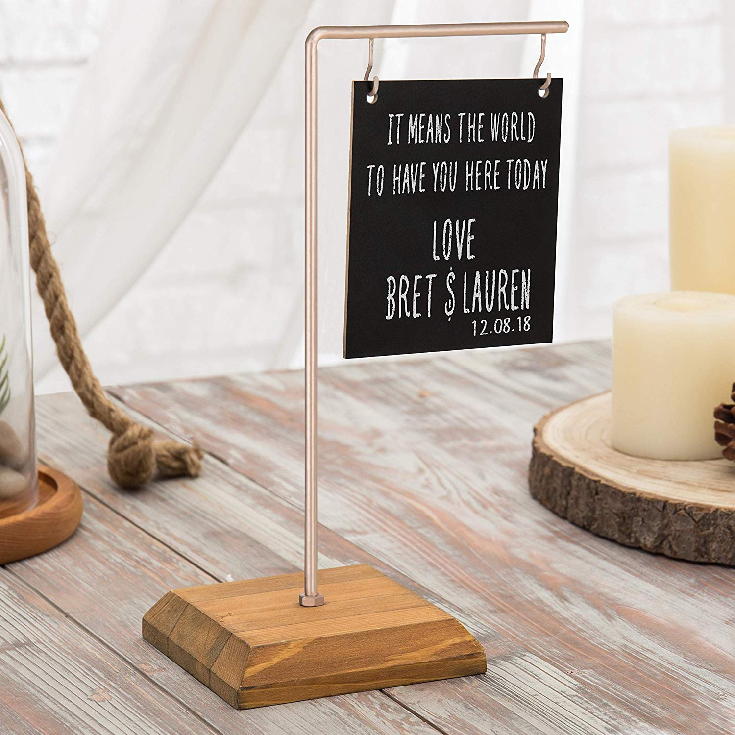 MyGift Tabletop Dual-Sided Chalkboard Sign with Rose Gold-Tone Metal & Wood Stand