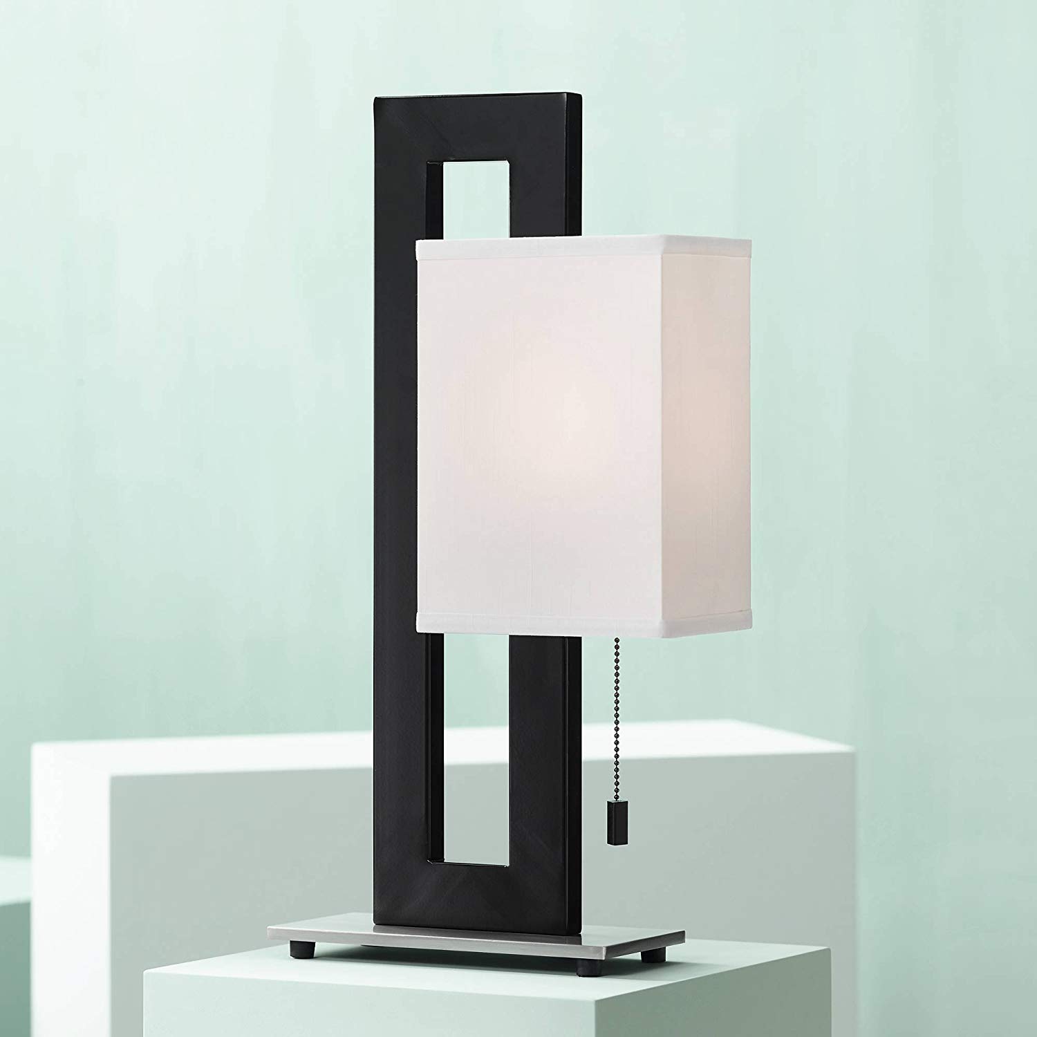 Floating Square Modern Accent Table Lamp Black Metal Rectangular White Box Shade for Living Room Family Bedroom Bedside