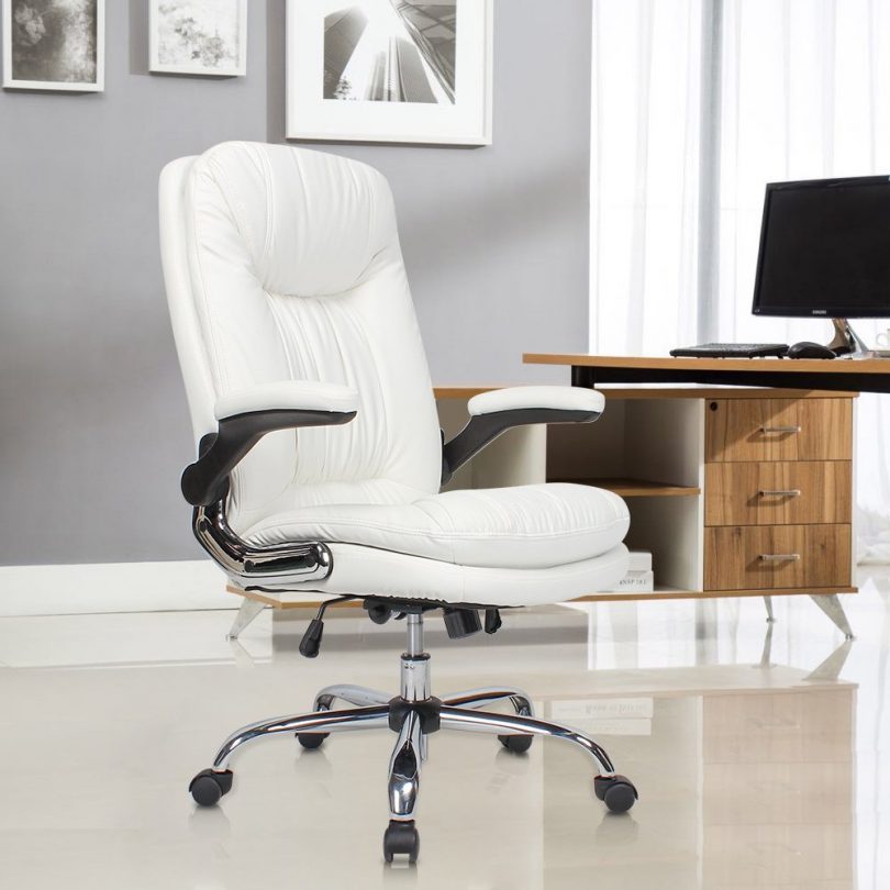 YAMASORO Ergonomic Office Chair with Flip-Up Arms and Comfy Headrest PU Leather High-Back Computer Desk Chair Big and Tall Capacity 330lbs White