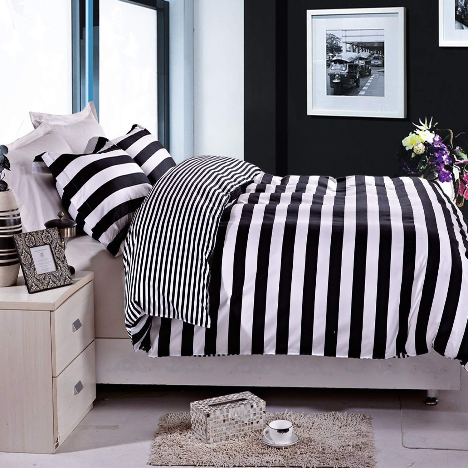 NTBAY 3 Pieces Duvet Cover Set Black and White Stripe Printed Microfiber Reversible Design