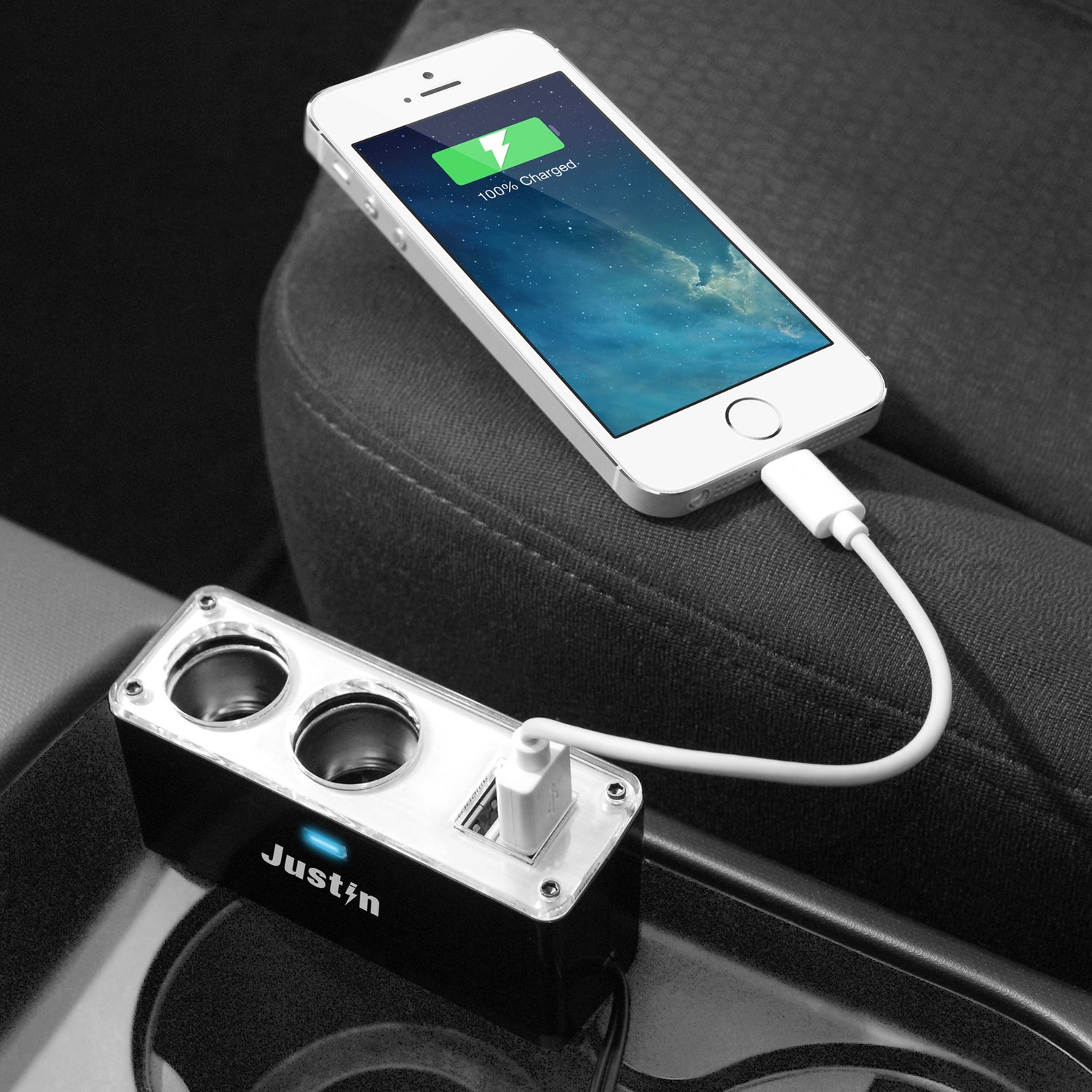 Justin Power 4-in-1 Car Adaptor with 2-Port USB and 2-Port 12V Auto Adaptor