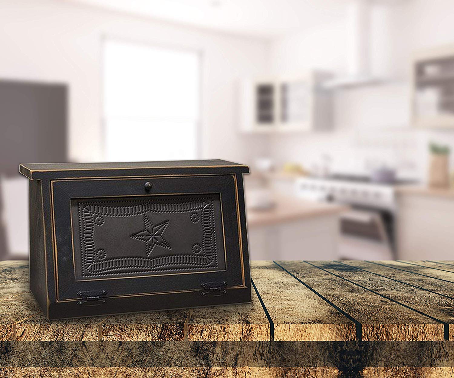 Rustic Farmhouse Solid Wood and Tin Breadbox with Star Punch Design