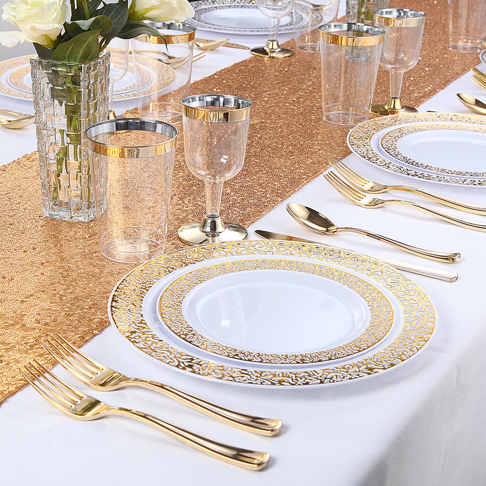 WDF 150PCS Gold Plastic Plates with Disposable Plastic Silverware