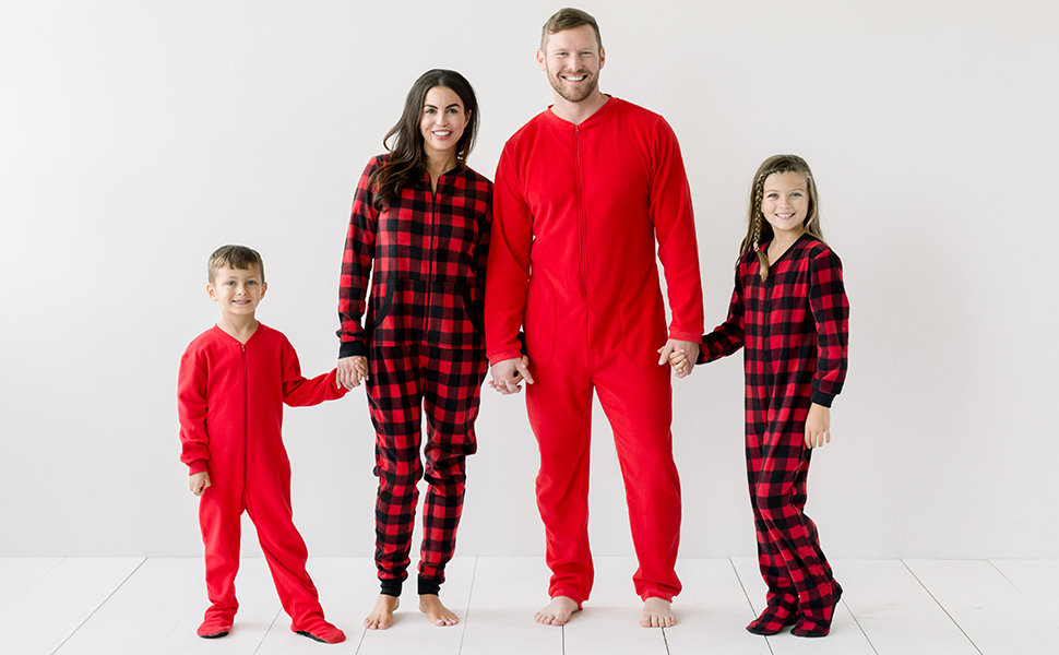 Sleepyheads Family Matching Fleece Buffalo Plaid and Solid Red Onesie Pajamas