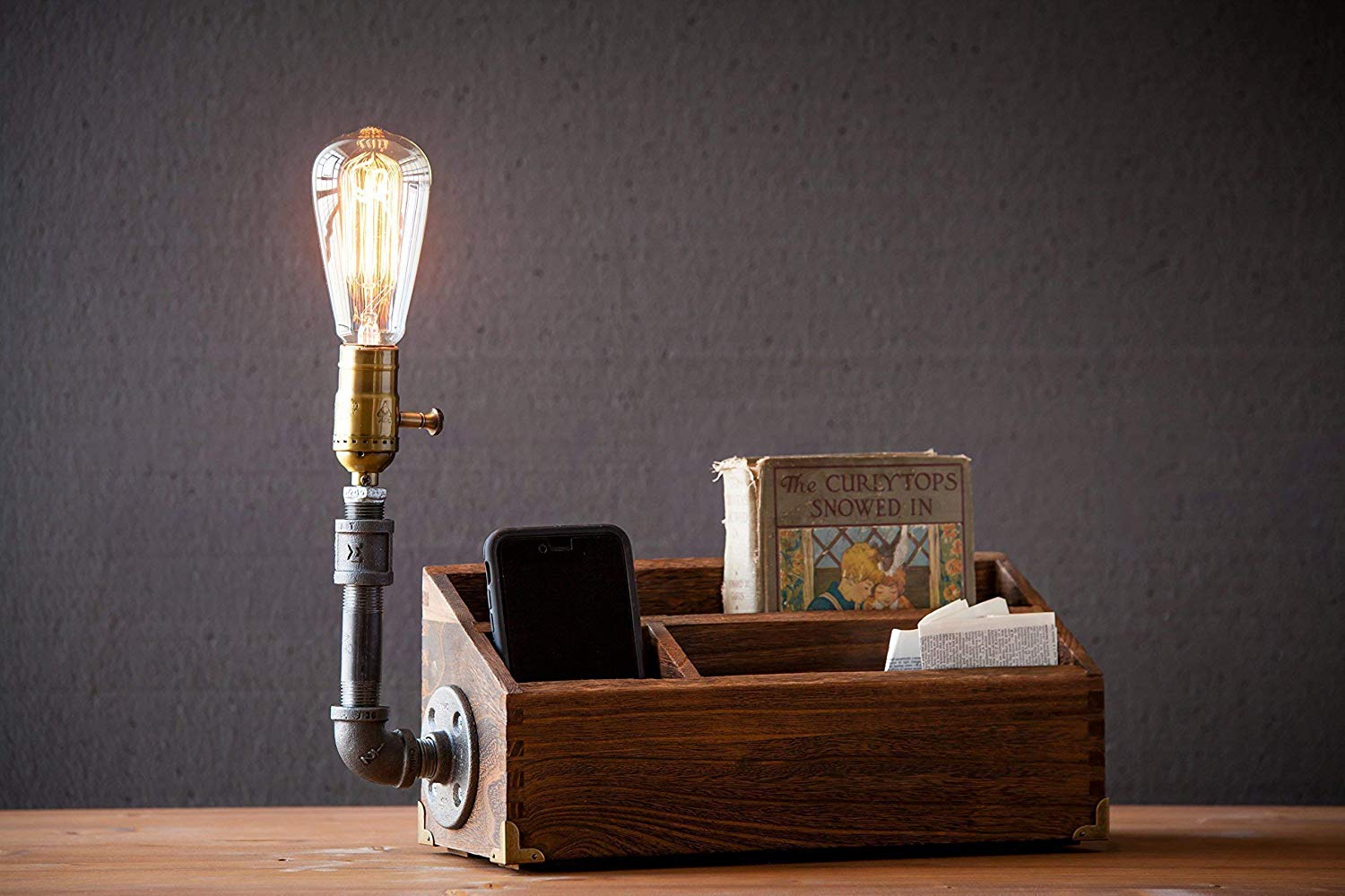 Industrial Steampunk pipe Desk Organizer table lamp in oak with Classic Edison bulb
