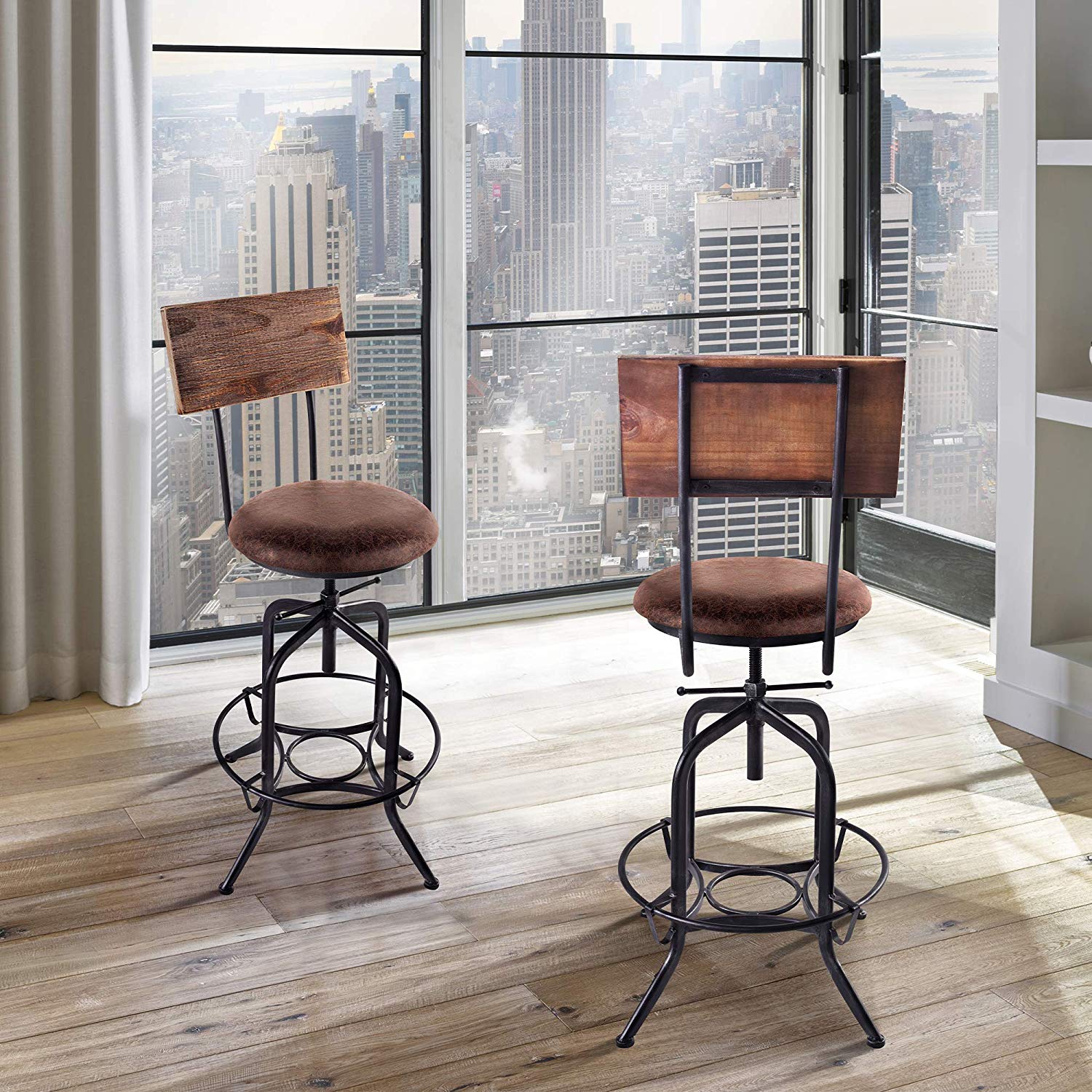 Armen Living Damian Adjustable Barstool in Brown Fabric and Brushed Stainless Steel Finish