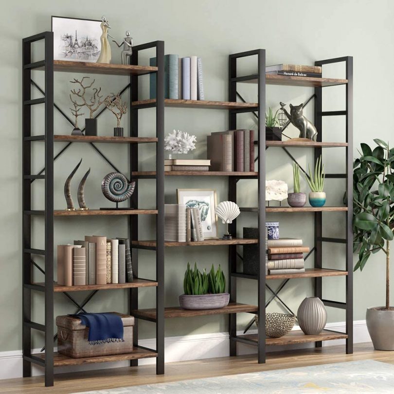 Tribesigns Rustic Triple Wide 5-Shelf Bookcase