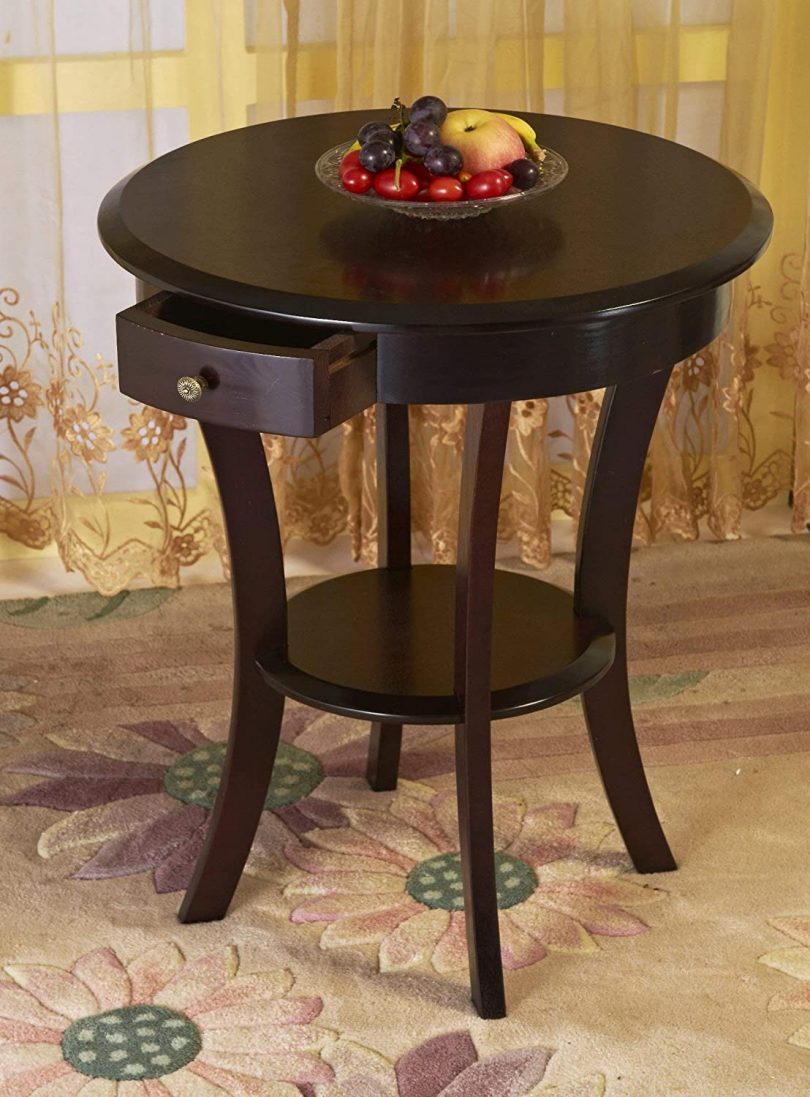 Wood Round Table with Drawer & Shelf