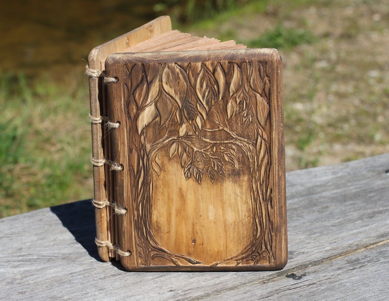 Wedding Guest Book rustic wood journal with trees of life