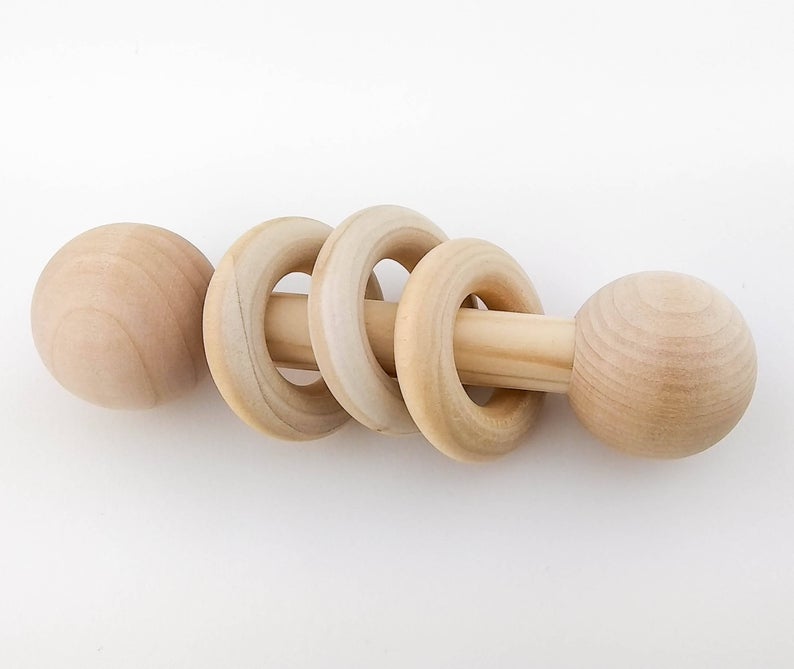Wooden Rattle Plain Organic Baby Teething Rings Heirloom Toy