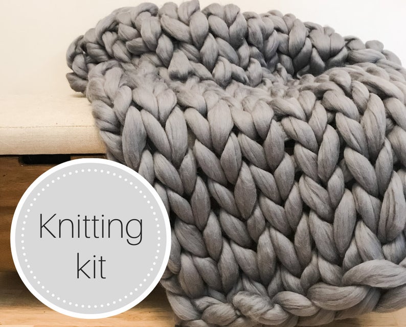 Chunky knit blanket kit  merino blanket  chunky knit throw