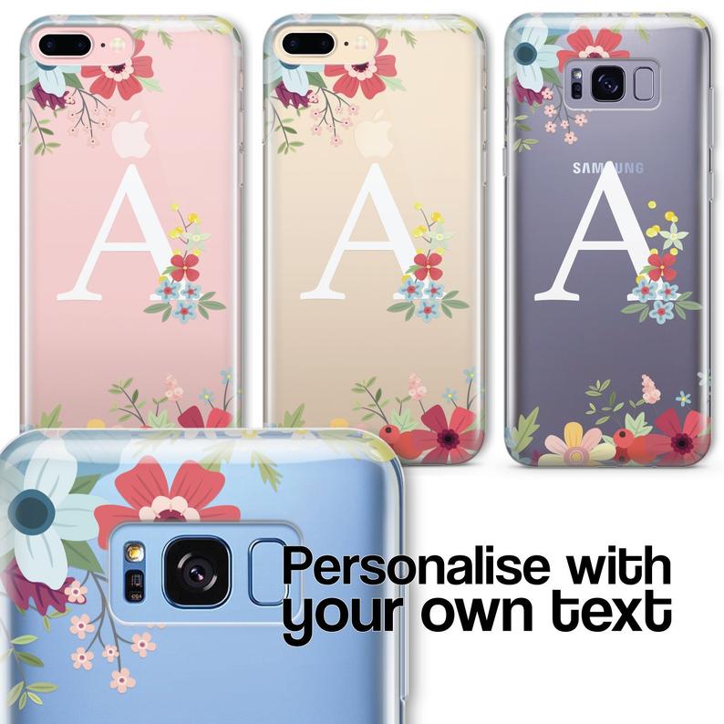 Personalised CLEAR OPAQUE INITIAL Floral Phone Case Cover for